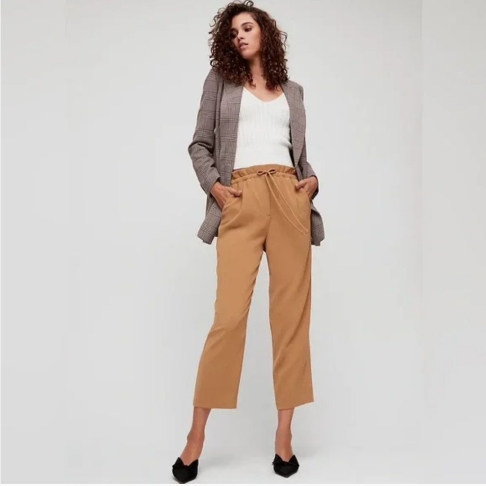 zara light brown pull on pant size s cropped side pockets drawstring lightweight